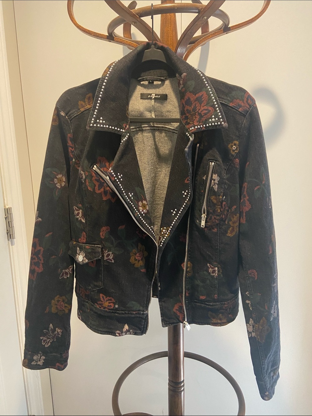 7 For All Mankind Black Floral Studded Moto Jean Jacket
